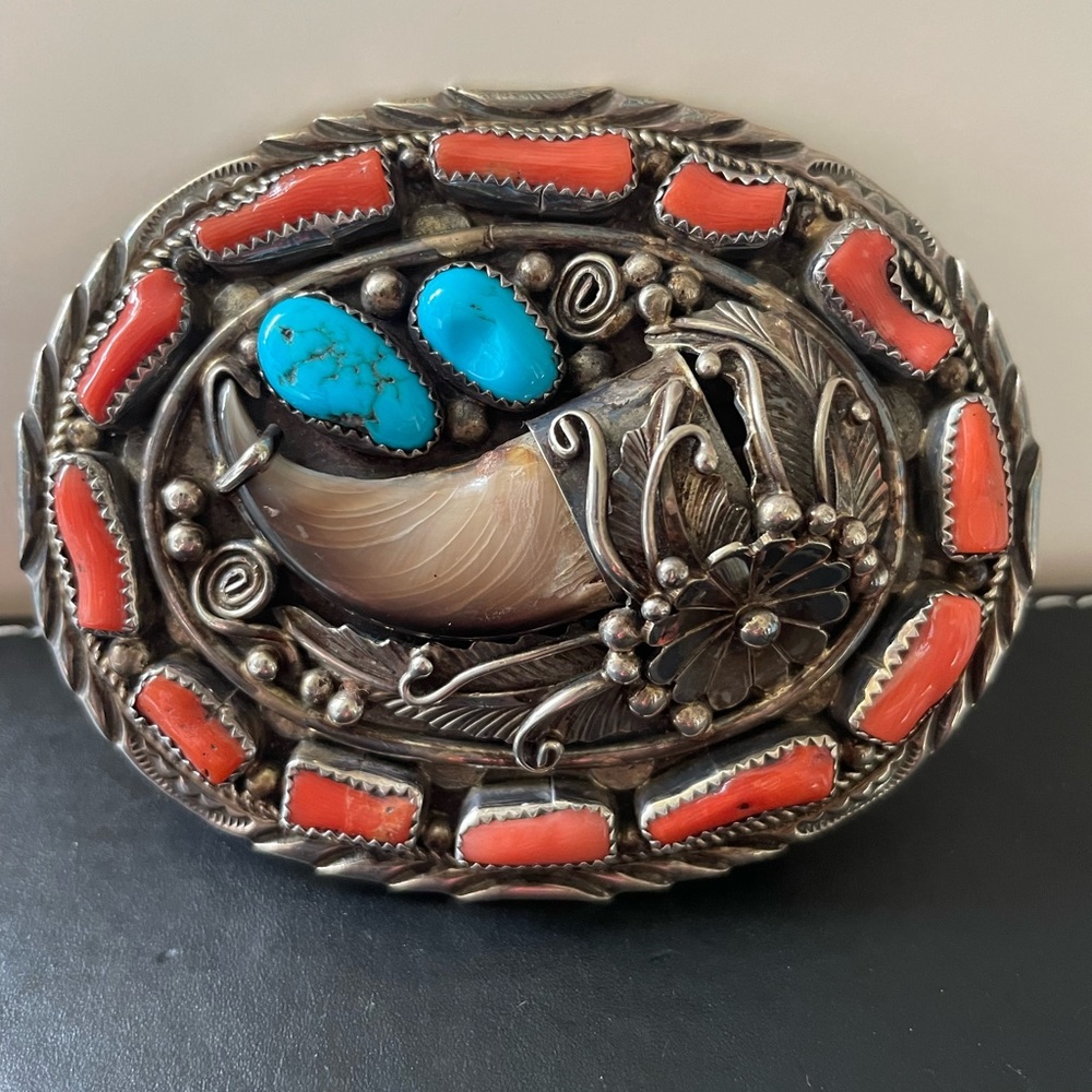 Native American turquoise, coral sterling, silver belt buckle